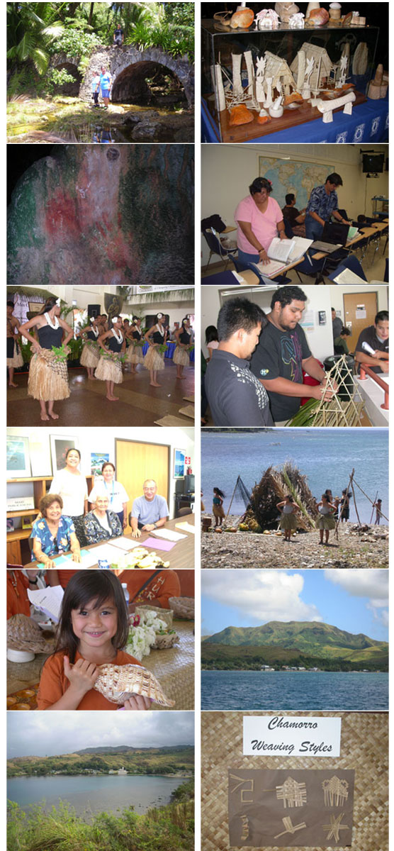 Various images of Chamorro dance, weaving, and scenic shots of Guam