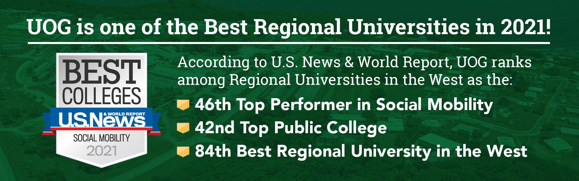 According to U.S. News and World Report, UOG ranks among Regional Universities in the West as the 46th top performer in social mobility, 42nd top public college, and 84th best regional university in the West.