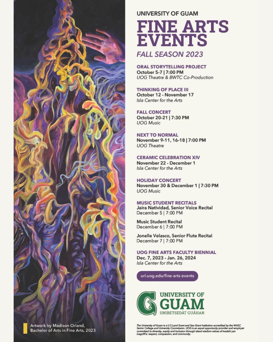 Fine Arts Events: Theater Performances, Musical Concerts, and Gallery. Call 671-735-2700 for dates.