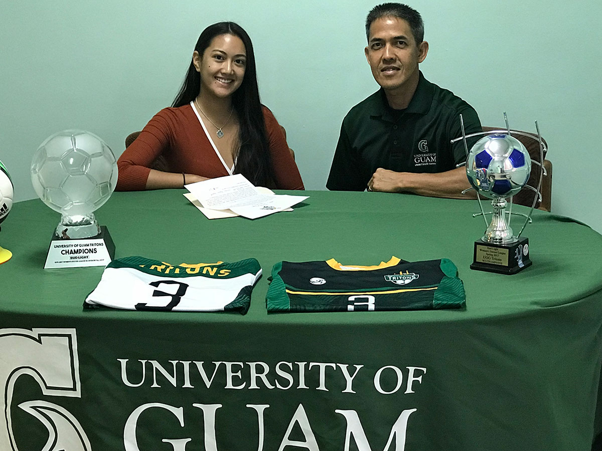 Photo of Aiyana Shedd with UOG Women's Soccer Coach, Rod Hidalgo. Photo by UOG Athletic Director, Doug Palmer