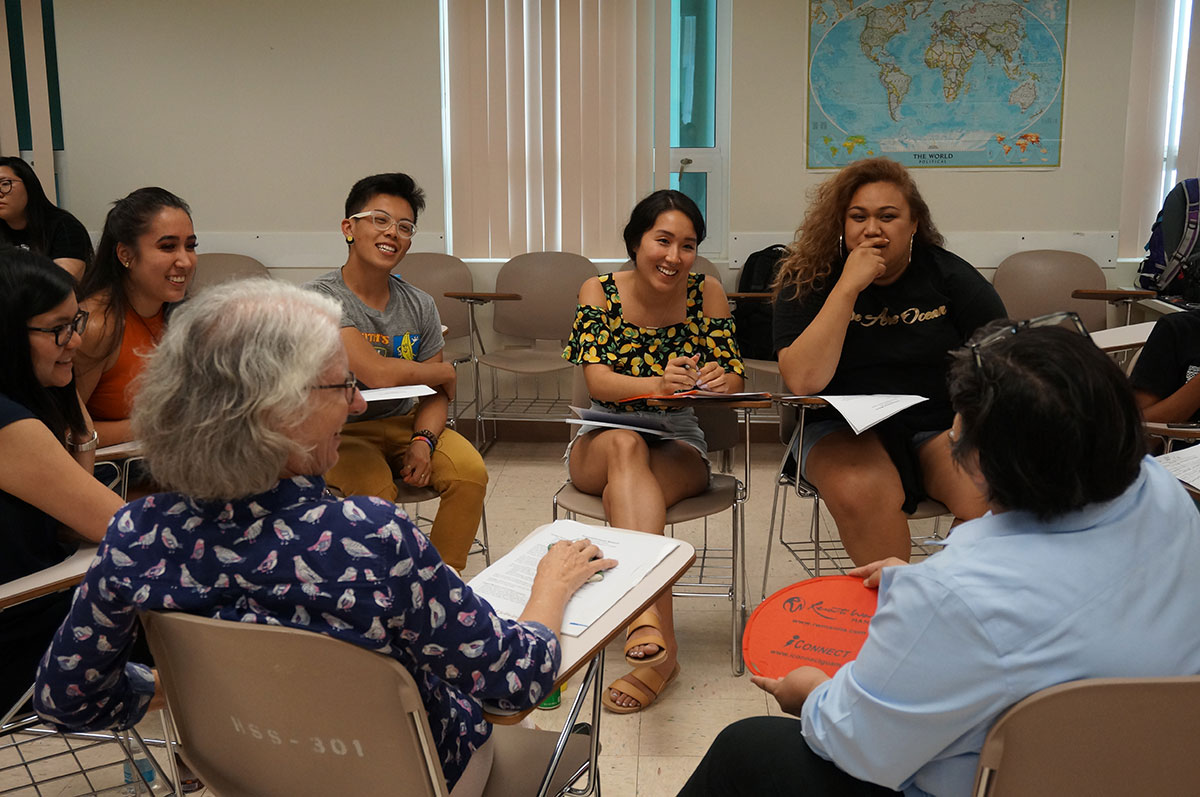Shannon J. Murphy, Managing Editor of Guampedia, foreground left, and Dominica Tolentino, Director of the Guam Museum, foreground right, get to know the Guam Travel Study Program students who will be working with them for a service-learning course. Show from left are University of California, Los Angeles students Josephine Ong, Gillian Duenas, Jerry Ng, Andrea Min, and Lexi Saelua. 