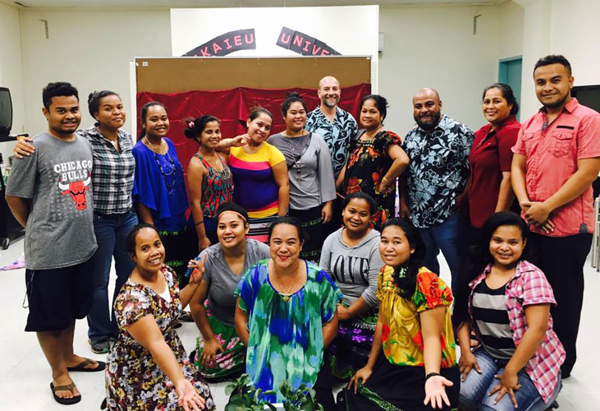 Each summer, the University of Guam School of Education and the College of Micronesia host two regional partnership programs to help teachers in Micronesia earn bachelor’s degrees in elementary education. UOG professor of education Dr. Dean Olah (middle) is shown with a College of Micronesia cohort in Palikir, Pohnpei in 2017.