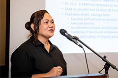 University of Guam Professor of Economics Maria Claret Ruane provided an economic update for business and government leaders over a luncheon on March 13 at the Hyatt Regency Guam.