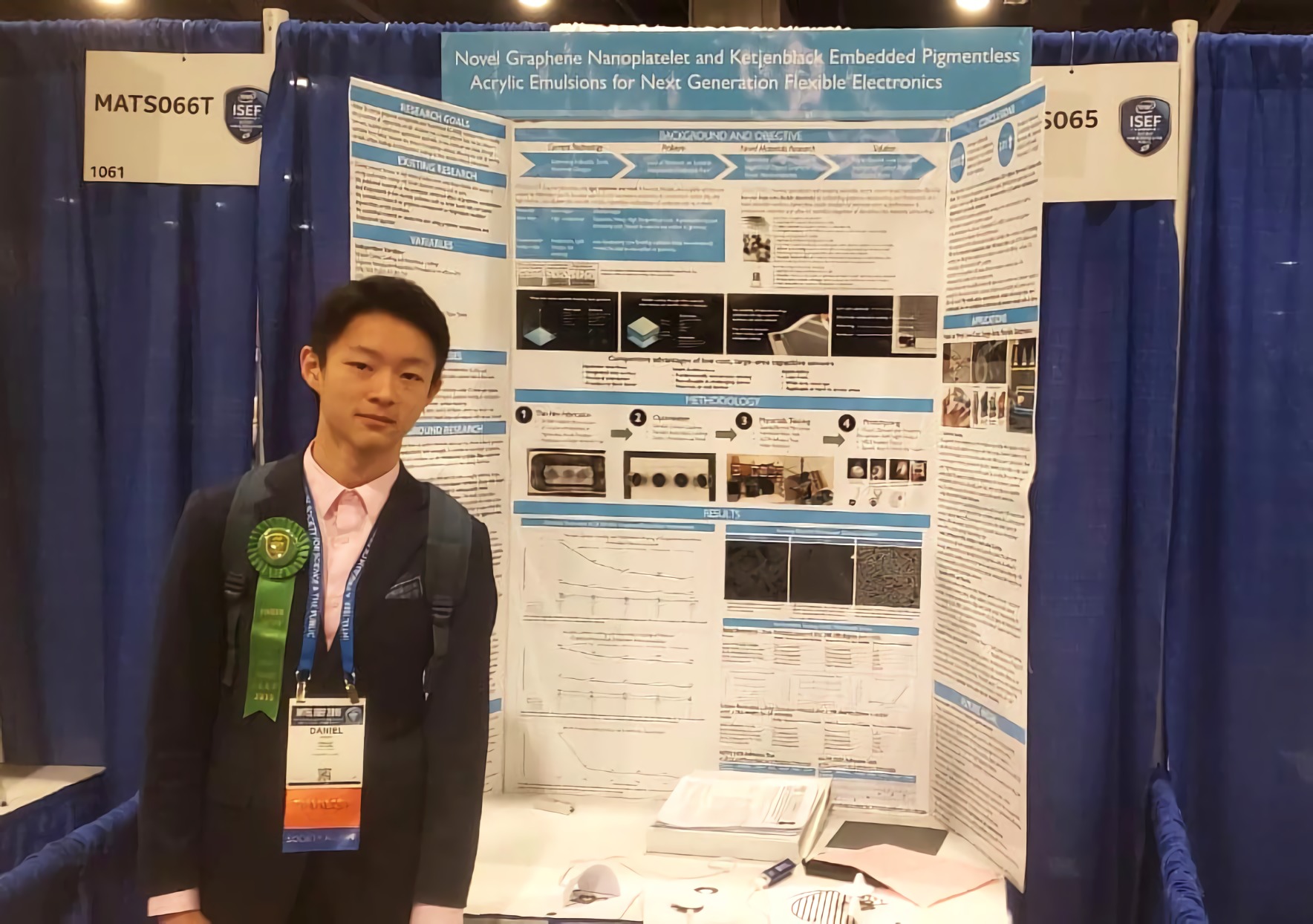 Daniel Kang next to his science project during the Intel International Science and Engineering Fair