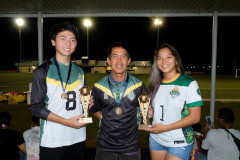 UOG Soccer Coach Rod Hidalgo with Golden Boot Award winners Ryoga Okada and Elisha Benavente 