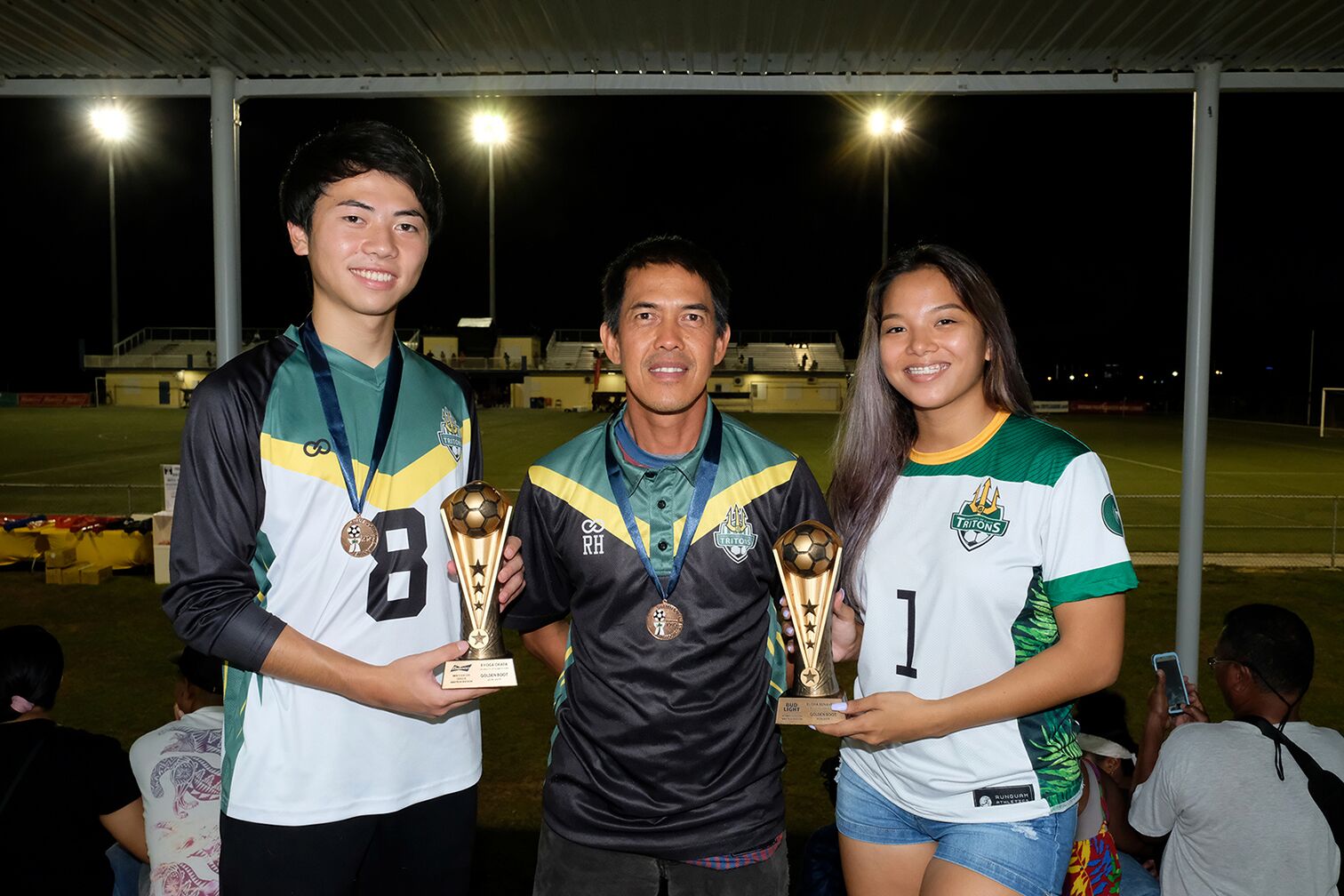UOG Soccer Coach Rod Hidalgo with Golden Boot Award winners Ryoga Okada and Elisha Benavente 