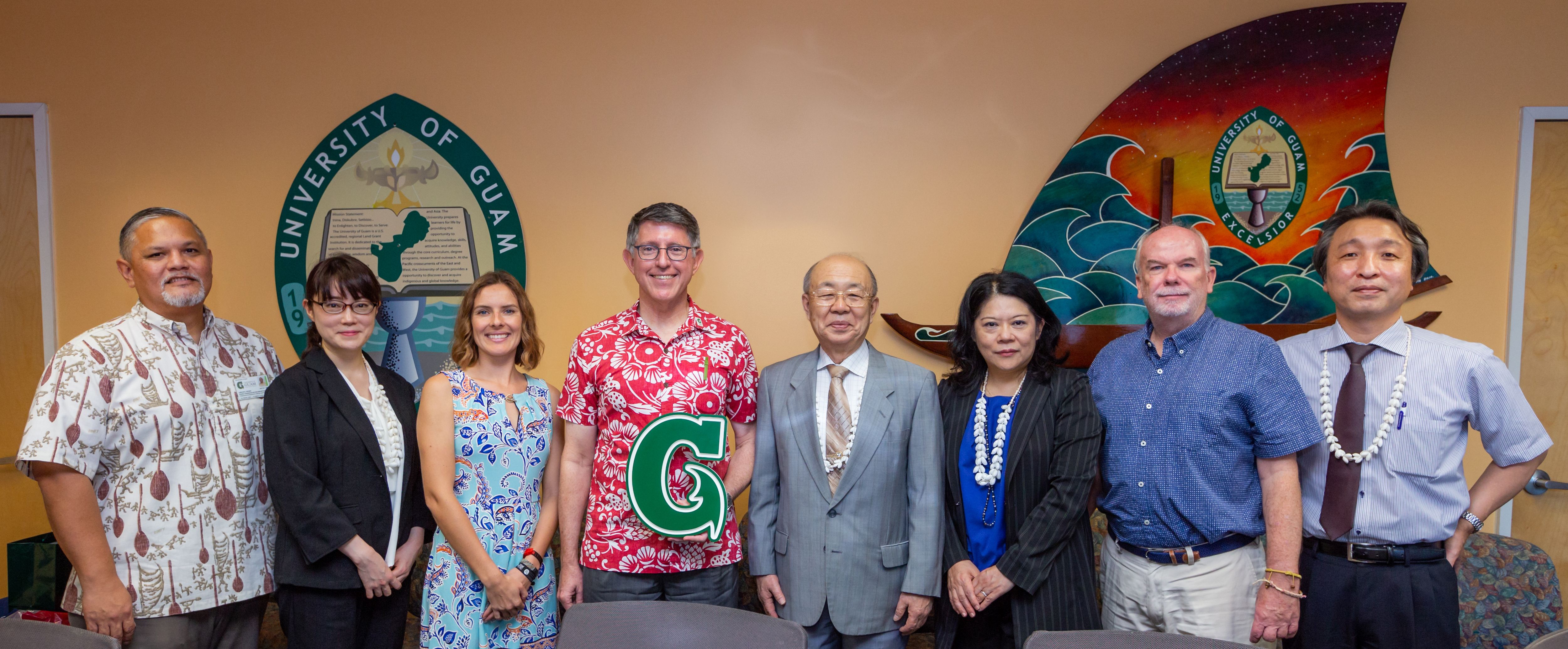 (From left) Carlos R. Taitano, acting director of Professional & International Programs (PIP) at UOG; Yuko Ikeda, associate professor at Nakamura Gakuen University; Jade Law, outreach coordinator, PIP; UOG President Thomas W. Krise; NGU President Satoshi Kai; Yumi Asaoka, dean of business, marketing, and distribution with NGU; Jim Hollyer, executive assistant to the president of UOG; and Sung-Jae Pak, associate professor with NGU.