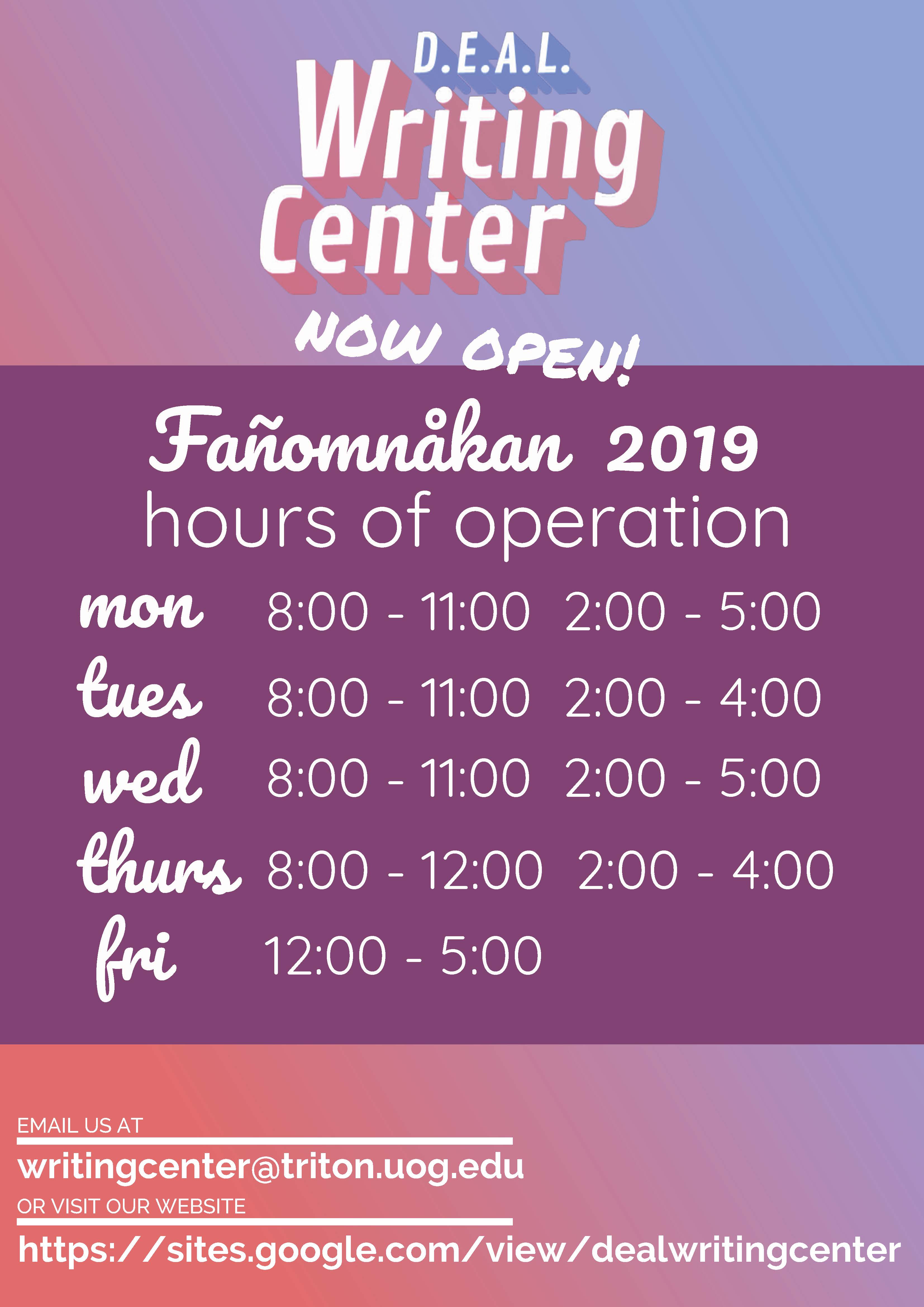 Writing Center Schedule