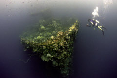 The bow of the 7,000-ton Fujikawa Maru shipwreck in Chuuk Lagoon