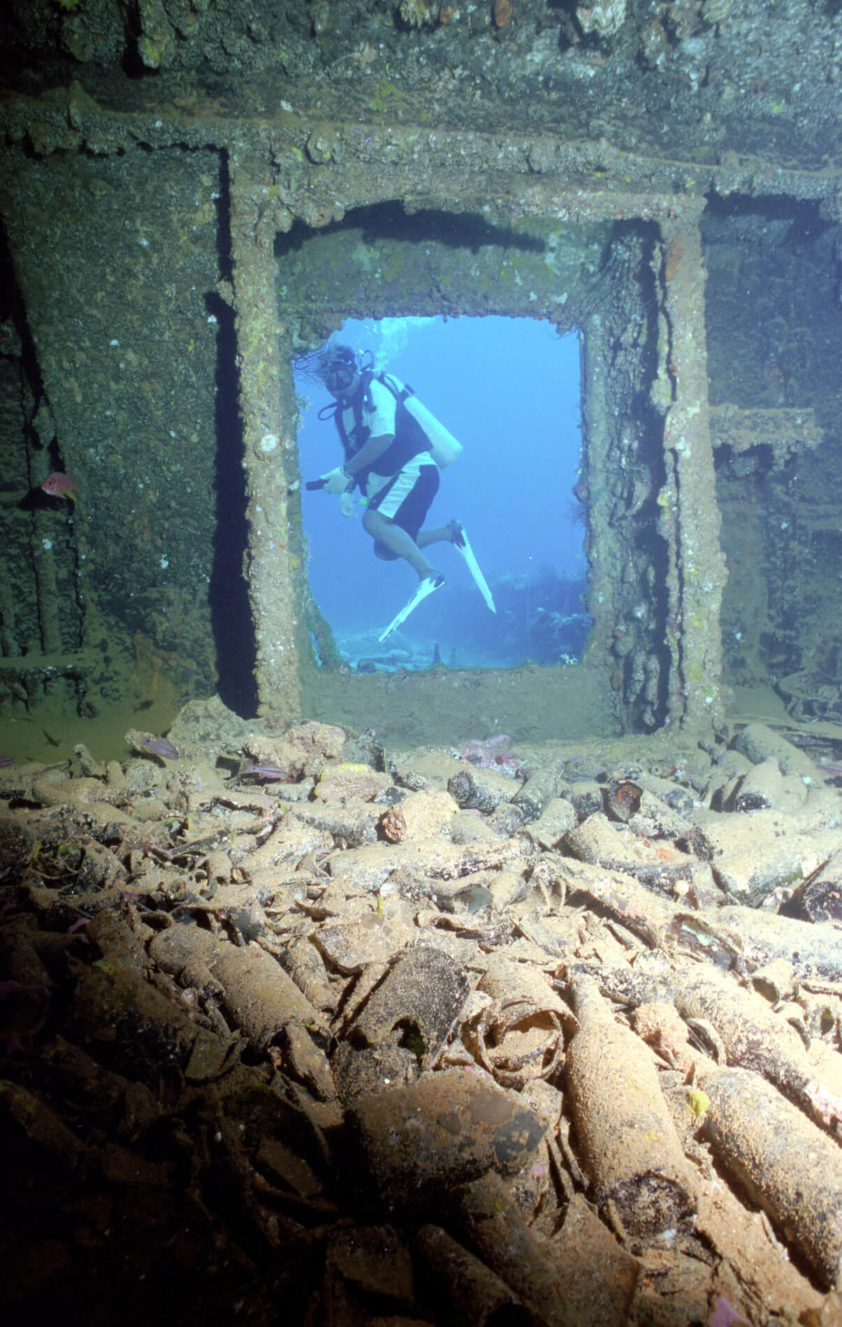 Beer bottles on the Fujikawa Maru shipwreck in Chuuk Lagoon.  Photo by Greg Adams