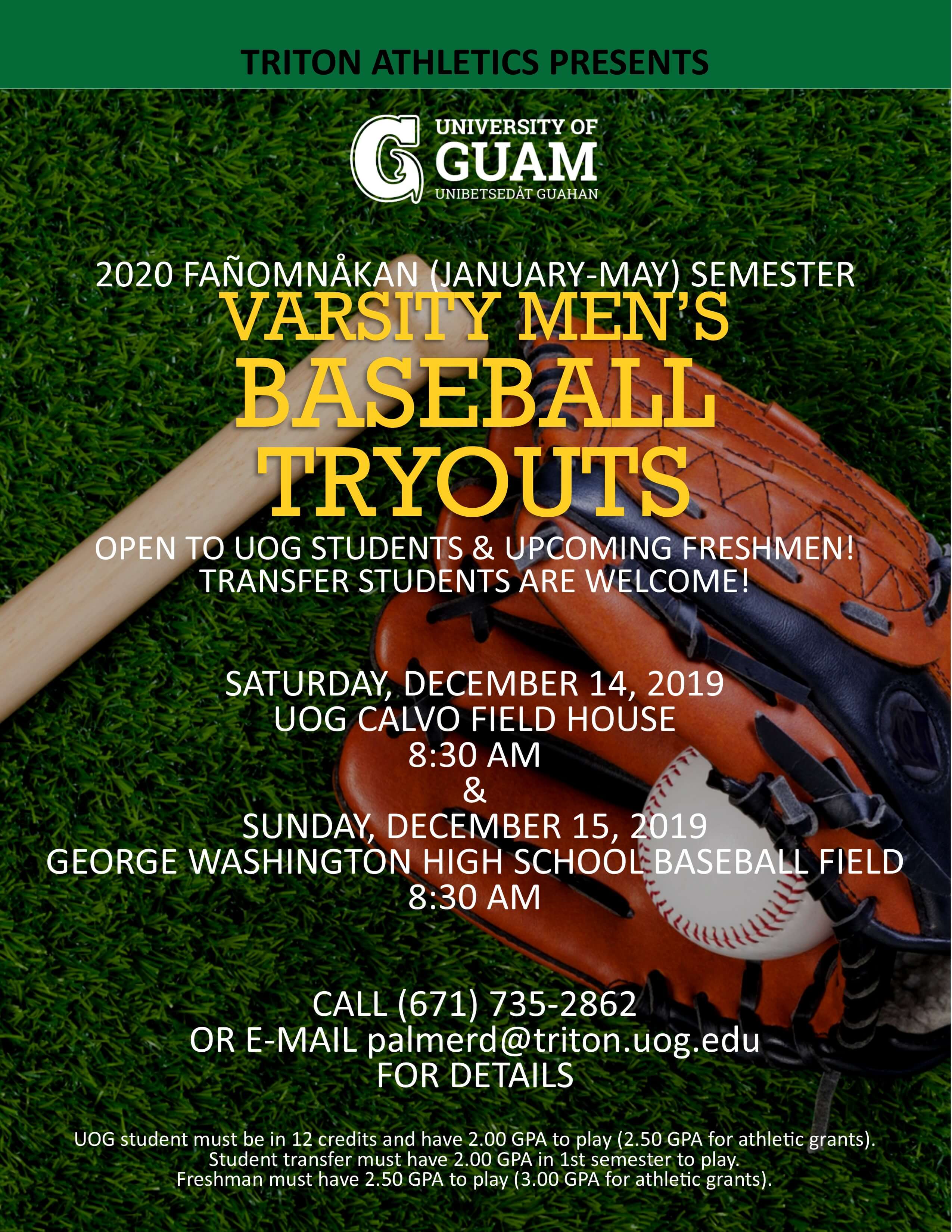 Men s Baseball Tryouts To Be Held Dec 14 15 University Of Guam