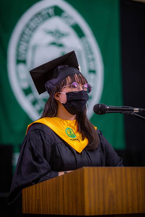 Maya Nanpei speaking at the 2020 Commencement