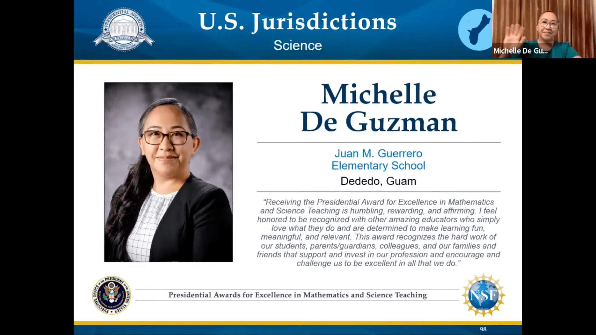 Michelle De Guzman is one of 102 teachers selected for the nation's highest award in STEM teaching.