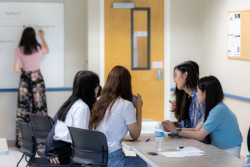 A group of students work together