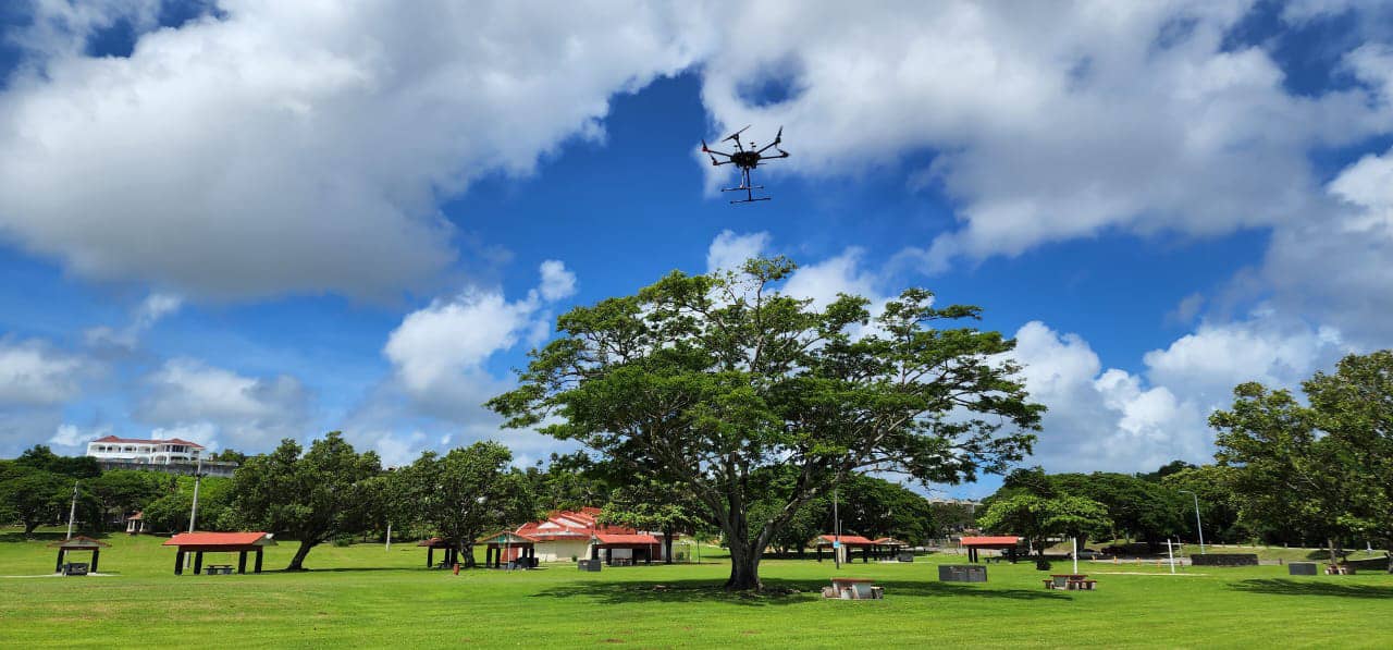 A drone is flown over the Gov. Joseph Flores Beach Park