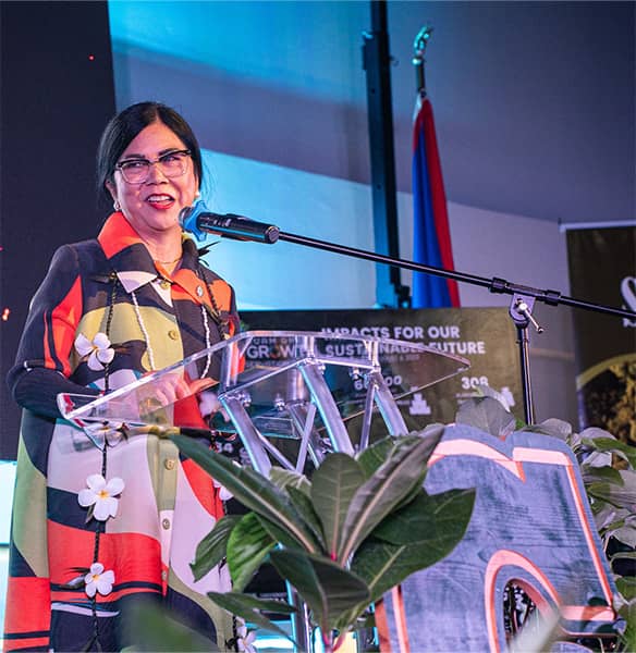 UOG President Anita Borja Enriquez speaks commands Conservation Corp at Guam Green Growth graduation ceremony