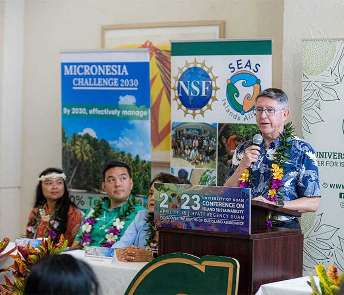 UOG President Thomas W. Krise speaks at CIS press conference