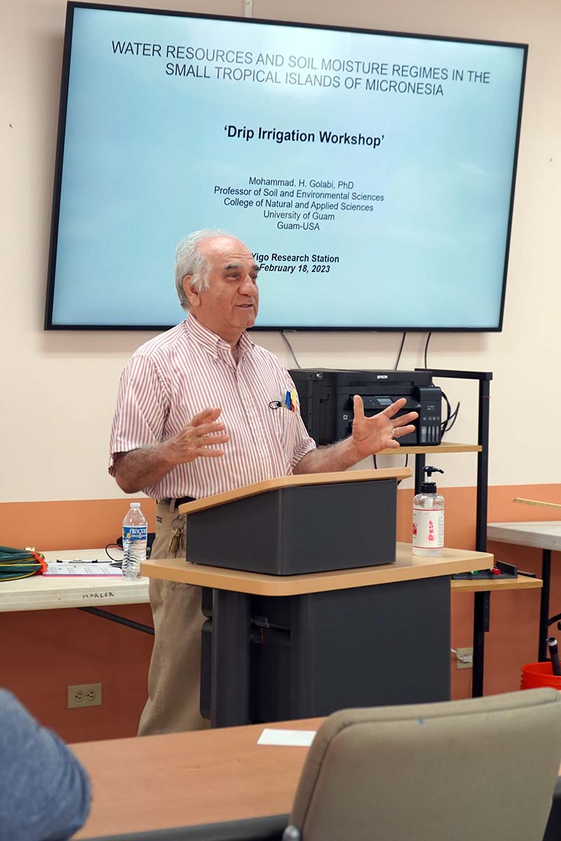 Photo of Mohammad Golabi presenting at the Drip Irrigation Workshop.