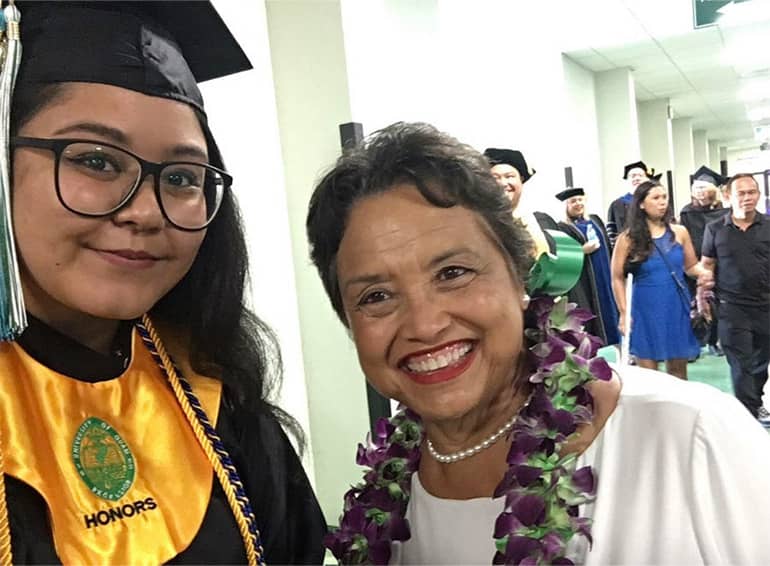 Maria Dolojan poses for a selfie with Governor Lou Leon Guerrero at 2019 UOG Commencement