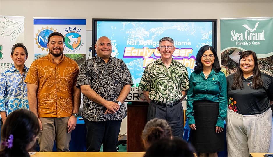 UOG members, Lt. Gov., and CIS director pose for a photo at CIS and Sea Grant program launch.