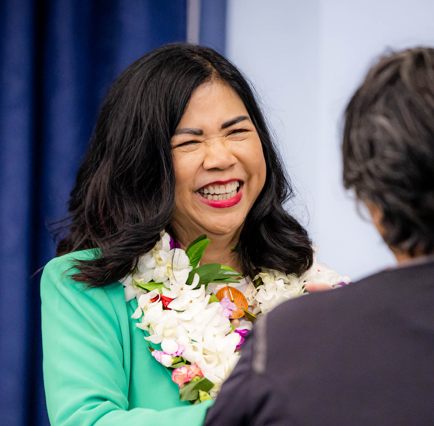 Dr. Anita Borja Enriquez reacts and gets congratulatory greetings following the University of Guam Board of Regents vote on June 22, choosing her as the 12th UOG president.