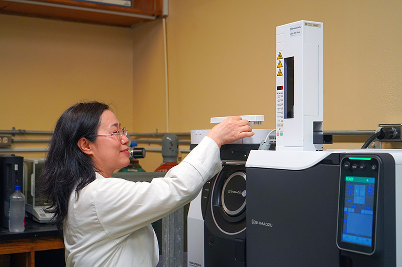 Photo of Dr. Bulan Wu using a GC-MS