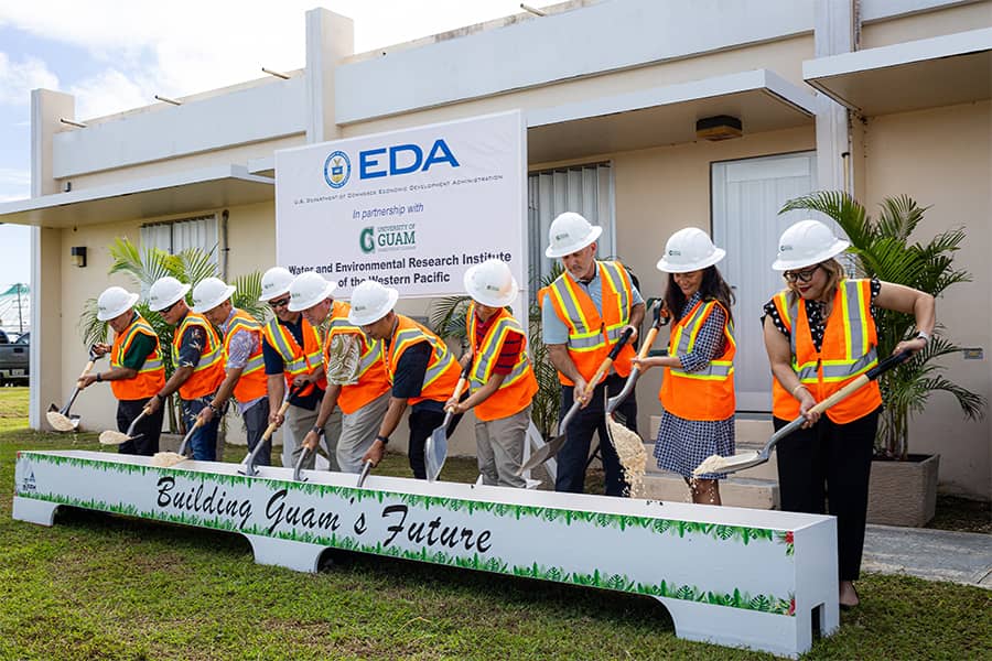 Representatives from UOG and UOG Endowment Foundation, as well as Pacific Federal Management and Vertex Guam representatives and RIM Architects participate in groundbreaking construction at University of Guam.