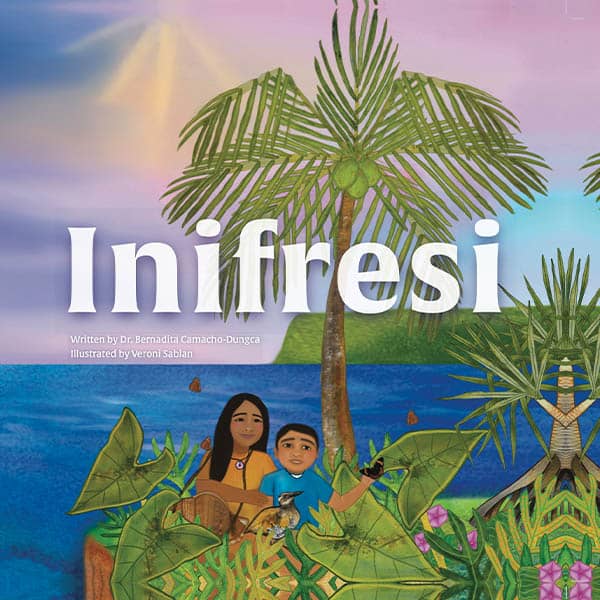 Art for Inifresi depicting a young boy and an older woman surrounded by Guam wildlife, with a view of the ocean and a colorful sky