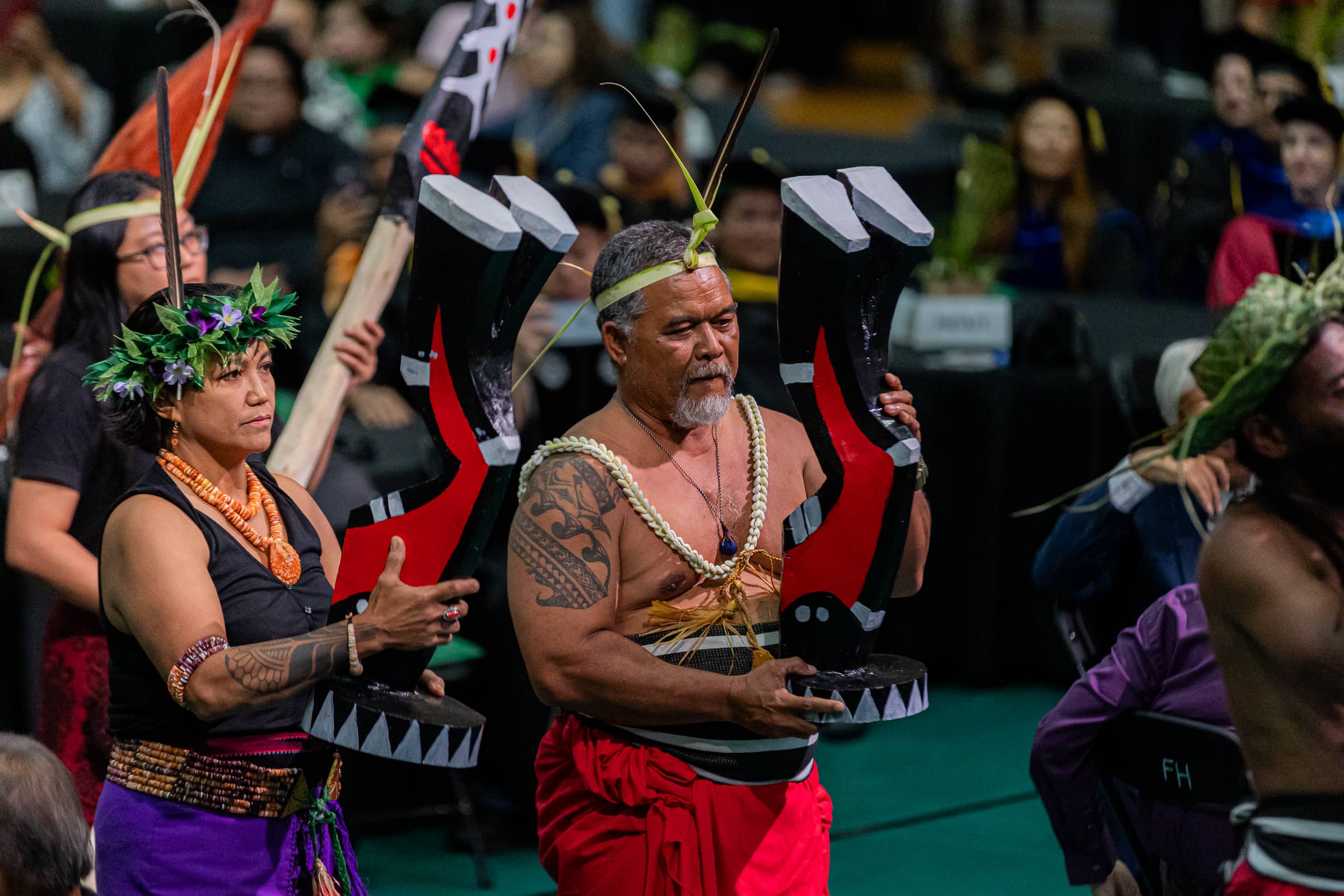 Traditional Micronesian culture is displayed during the investiture ceremony for Dr. Anita Borja Enriquez, 12th President of the University of Guam at her investiture on Tuesday, Nov. 14, at the Calvo Field House. 