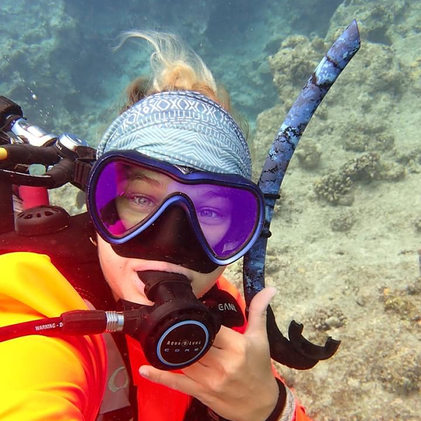 D’amy Steward poses for a selfie underwater while snorkeling