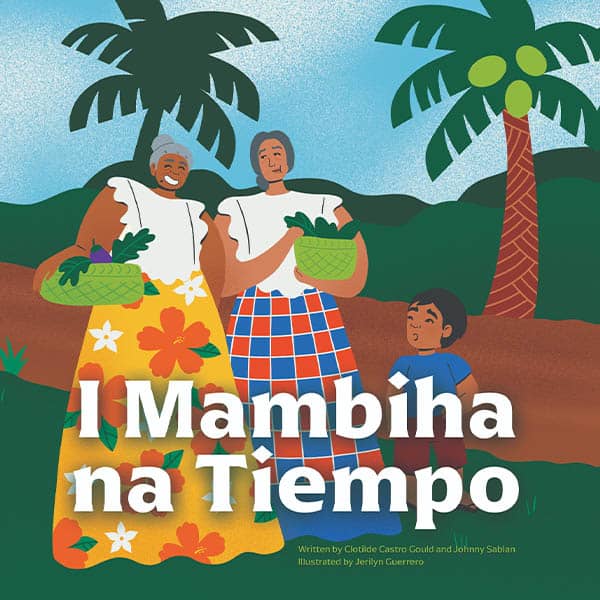 Art for I Mambiha na Tiempo depicting two elderly woman in colorful mestizas and a young boy, with palm trees and land behind them all