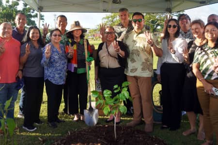 The 12th President of the University of Guam, Dr. Anita Borja Enriquez, plants a young Ifit tree that symbolizes resiliency