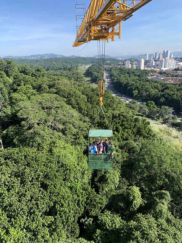 Photo of fellowship cohort in a crane above Parque Natural Metropolitano  