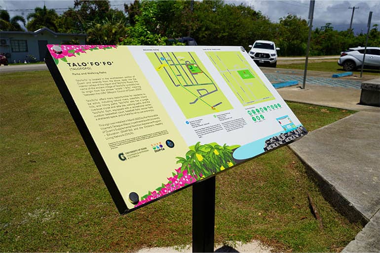 New sign at Talo’fo’fo Baseball field depicting walking routes and park amenities.