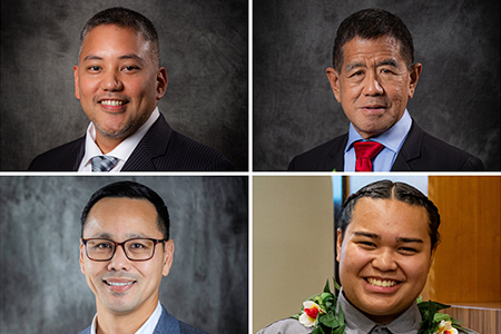 Collage of UOG BOR: Agapito Diaz, Mike Naholowaa, Chris Duenas, and student regent Devin Santos