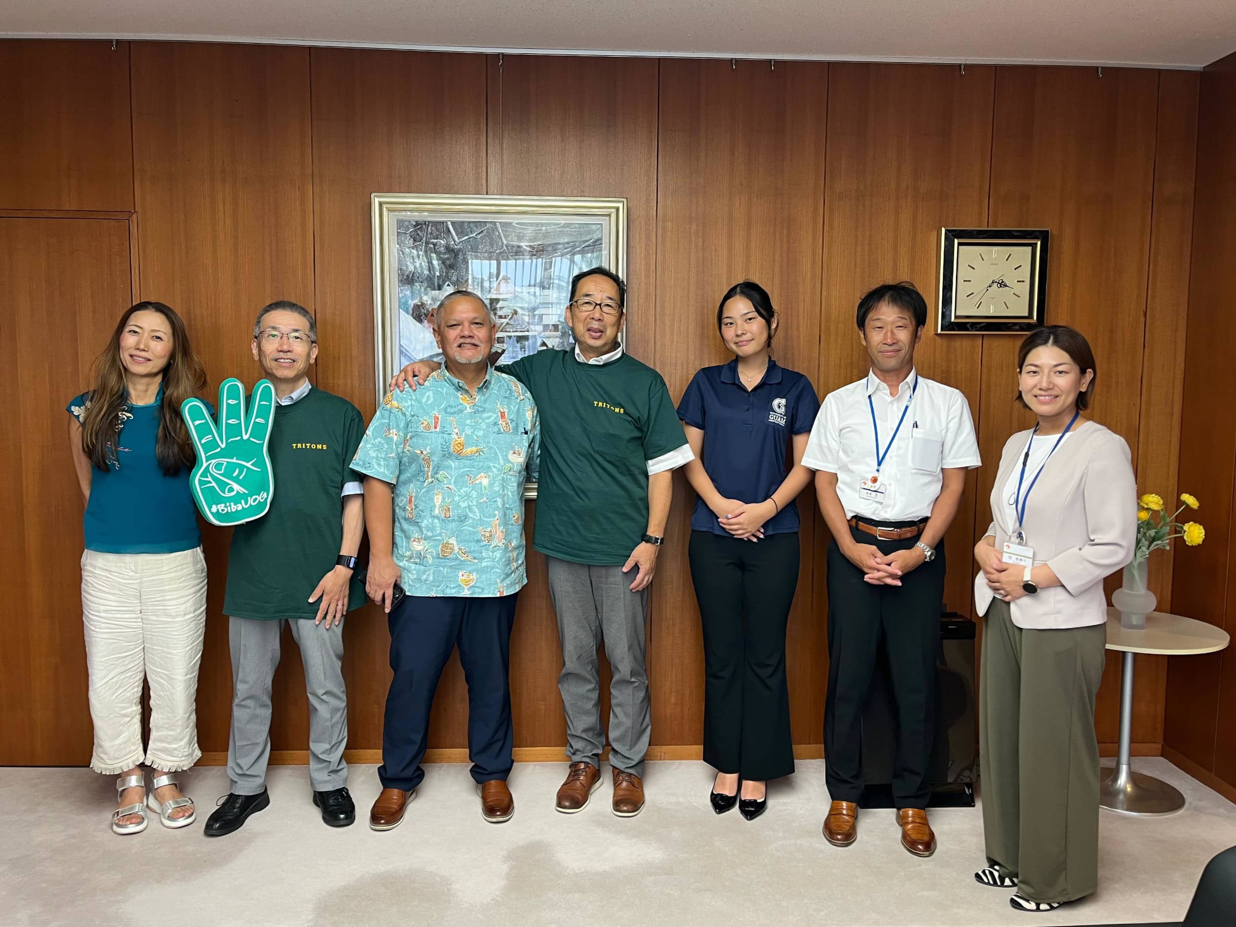 (From left) Kazue Nakamoto, Specially Appointed International Coordinator; Dr. Takanori Nomura, Vice President; Carlos Taitano, Director of Global Learning and Engagement at UOG; Dr. Mitsugi Motoyama, President; Tamara Hayashi, GLE Program Assistant; Takumi Teramoto, Manager of International Engagement; and Naoko Tei, Administrative Officer, during a meeting at Wakayama University in Japan. Photo courtesy of the University of Guam.  