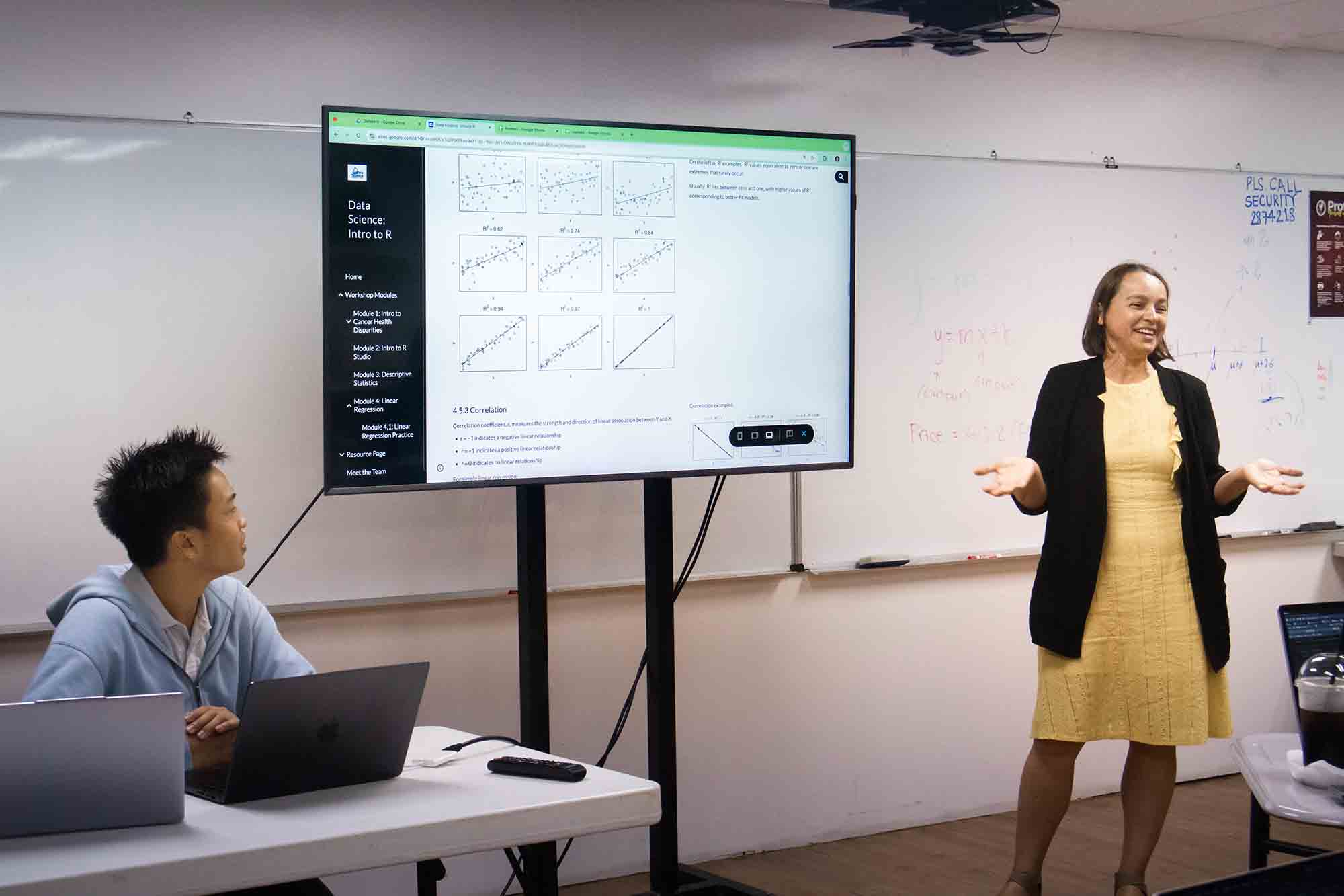 Dr. Grazyna Badowski, professor of mathematics and chair of UOG's Data Science Program, explains scatter plots during an Introduction to Data Science workshop in Saipan. A faculty member teaching a class on data science