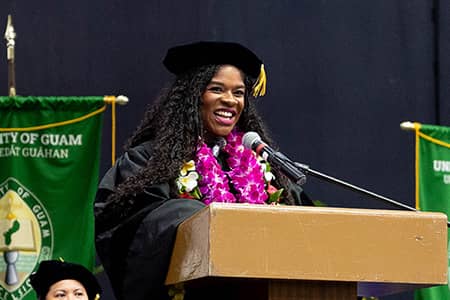 Edwina Findley speaking at Fañomnåkan 2026 commencement