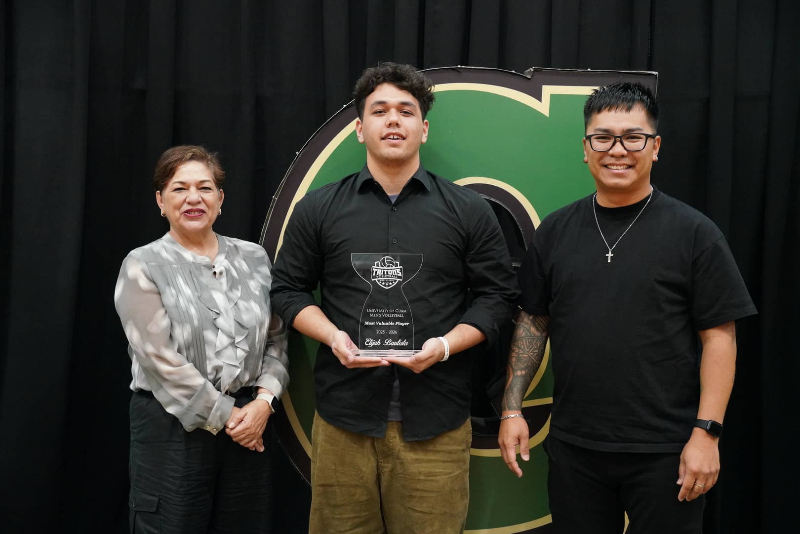 Men's Volleyball Most Valuable Player - Elijah Bautista with Dean Gena Rojas and Coach Joey Tedpahogo