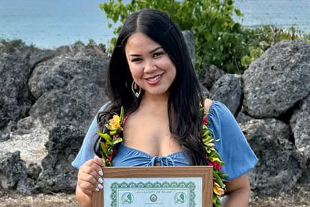 UOG alumna Makaelah Blas has been awarded the Wellington Doctoral Scholarship and Pasifika Doctoral Scholarship to pursue her Ph.D. in History at Victoria University of Wellington. Her Pacific-centered research builds on her UOG studies and commitment to amplifying Indigenous voices in Guam and the Pacific.
