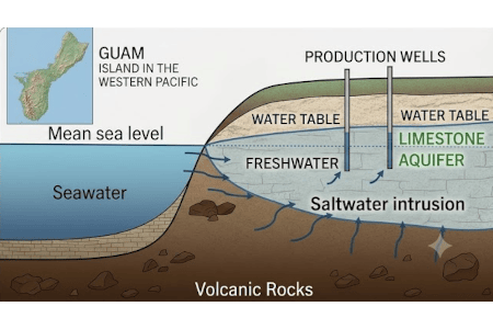  Most of Guam's drinking water comes from groundwater stored in underground freshwater lenses.