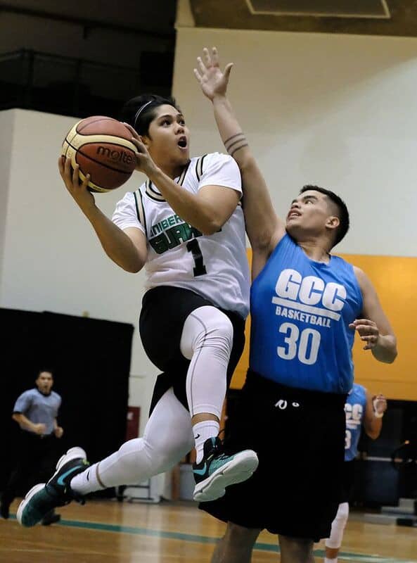 Basketball player layup in a game