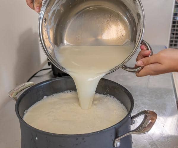 Soy milk from ground and filtered soybeans