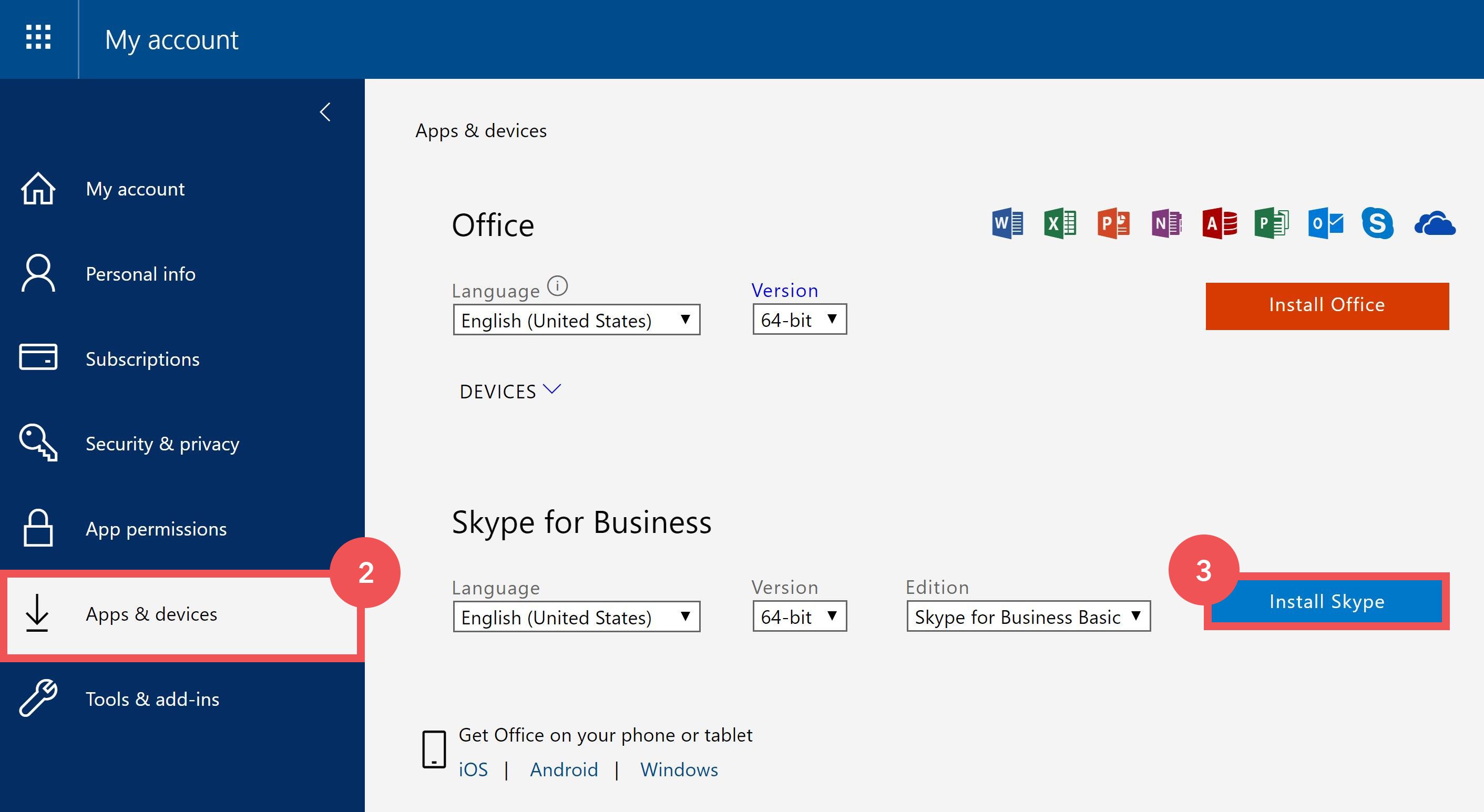 Graphic: Download Skype for Business on the Apps & devices section in your Account Settings in Office 365 and click Install Skype