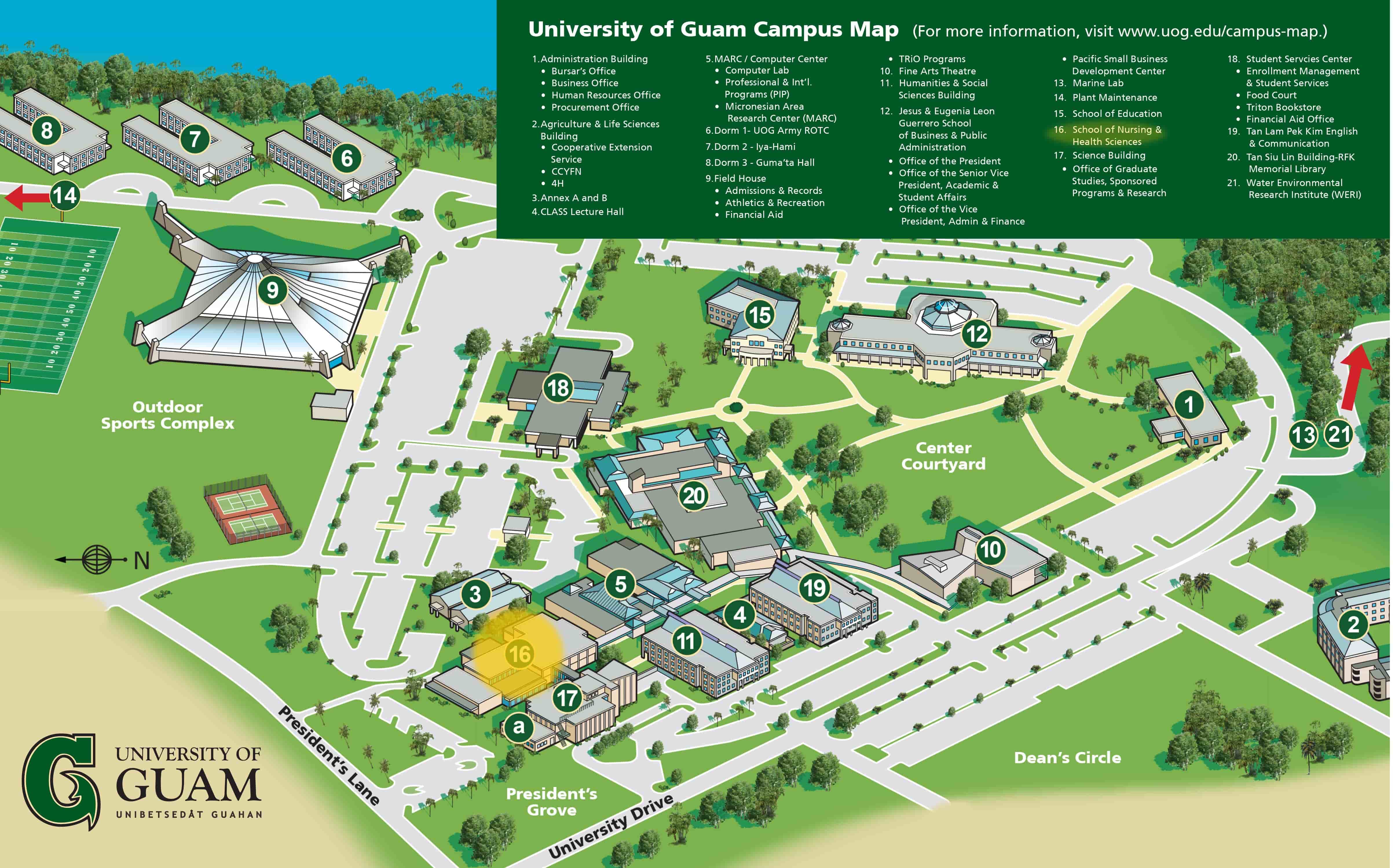 UOG Campus Map with Margaret Perez Hattori-Uchima School of Health highlighted