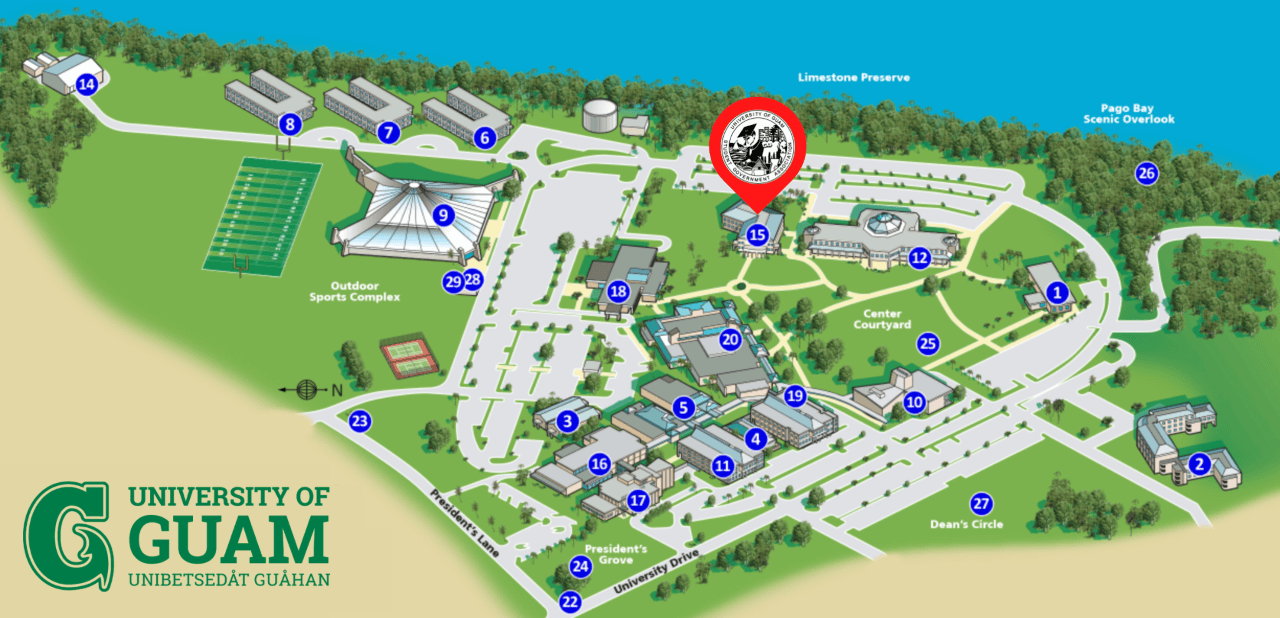Campus map highlighting SGA location at SOE building